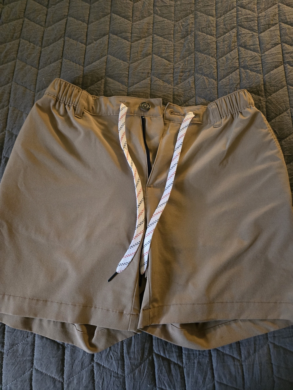 chubbies Tan Athletic Drawstring Shorts with Patterned White Drawcord